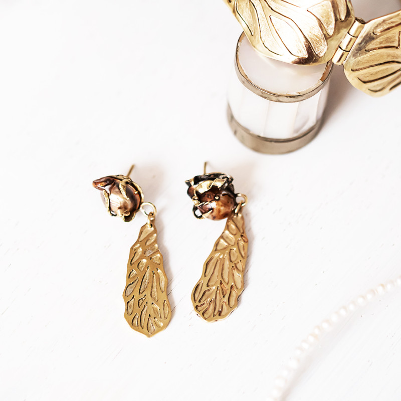 Maple Seeds Layered Earrings with Wild Pearls