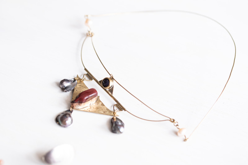 Geometric Necklace with Wild Pearls • Red Jasper • Blue Goldstone