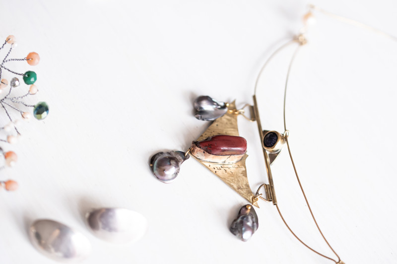 Geometric Necklace with Wild Pearls • Red Jasper • Blue Goldstone