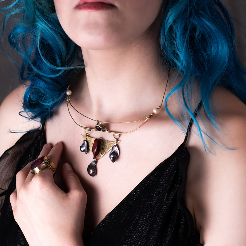Geometric Necklace with Wild Pearls • Red Jasper • Blue Goldstone